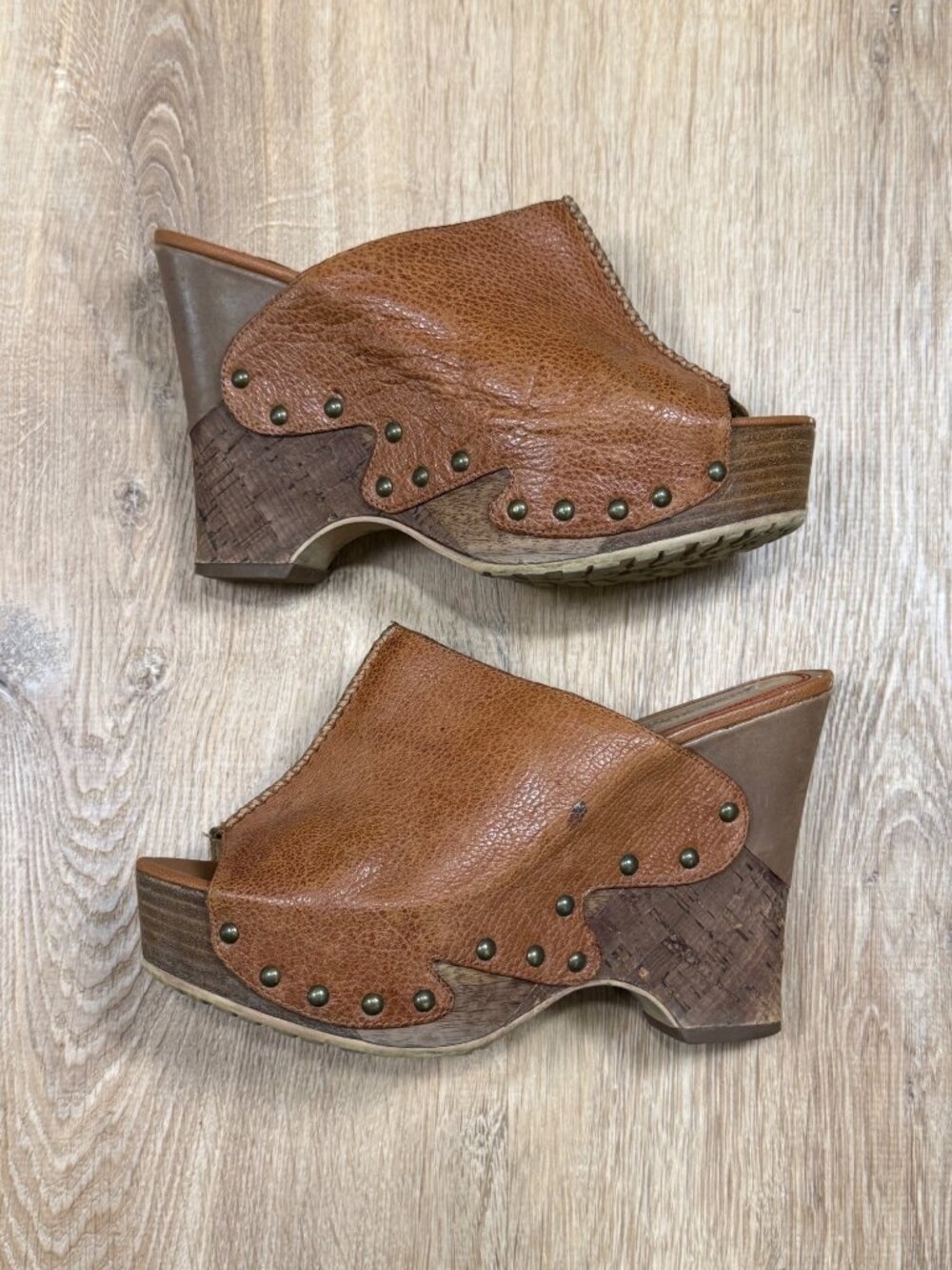 Y2K Miss Sixty Brown Leather Open Toe Wedge Mules Womens 37.5 Italy 4.5" Heel